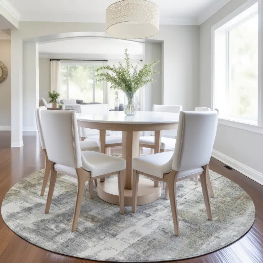 8' Beige And Ivory Round Abstract Washable Indoor Outdoor Area Rug Photo 6