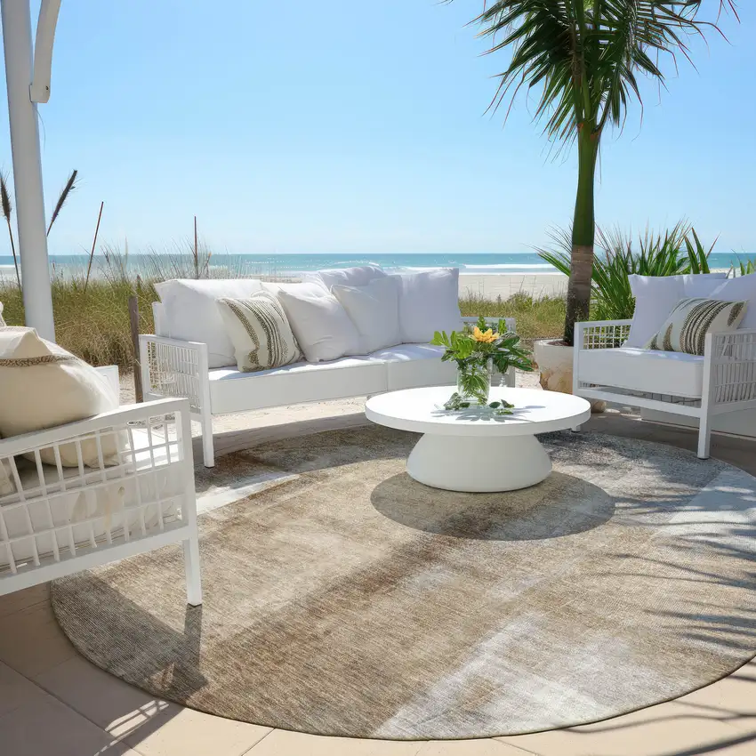 8' Beige And Ivory Round Abstract Washable Indoor Outdoor Area Rug Photo 6