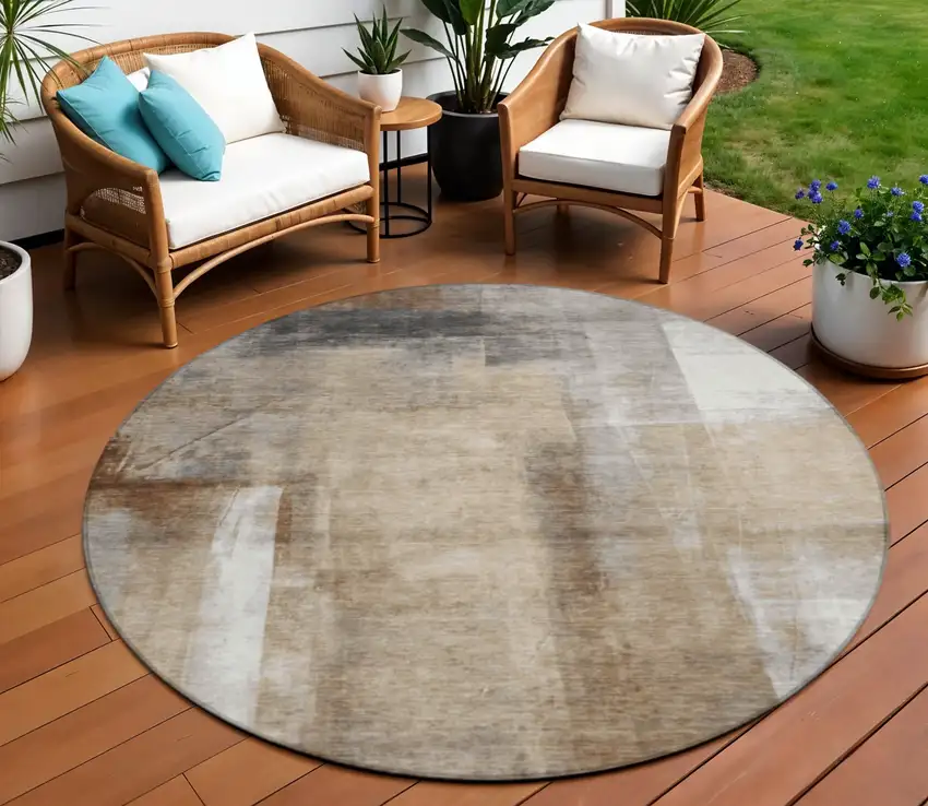 8' Beige And Ivory Round Abstract Washable Indoor Outdoor Area Rug Photo 2