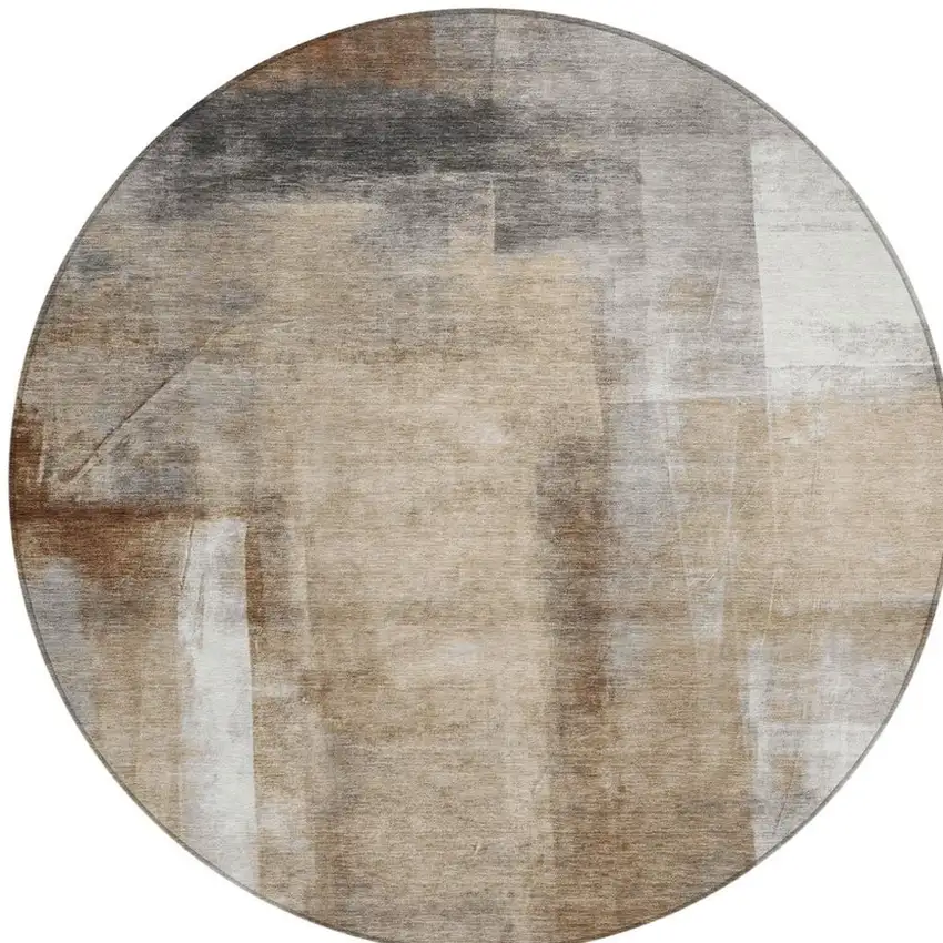 8' Beige And Ivory Round Abstract Washable Indoor Outdoor Area Rug Photo 8