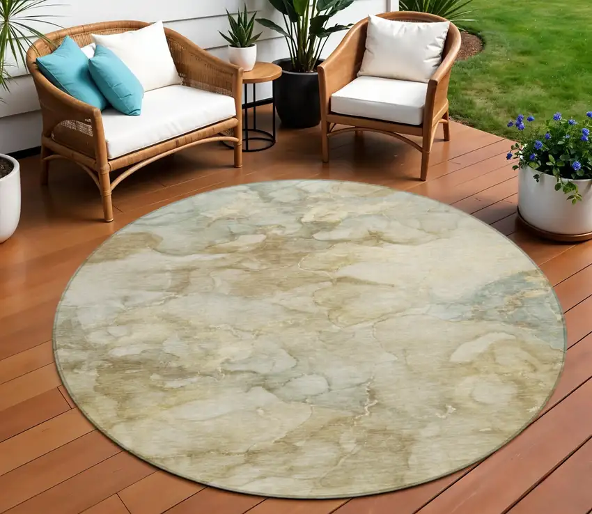8' Beige And Ivory Round Abstract Washable Indoor Outdoor Area Rug Photo 2