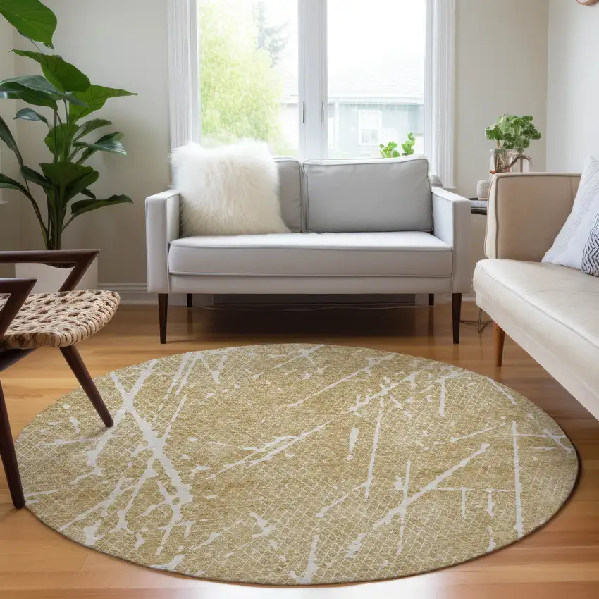 8' Beige And Ivory Round Abstract Washable Indoor Outdoor Area Rug Photo 5