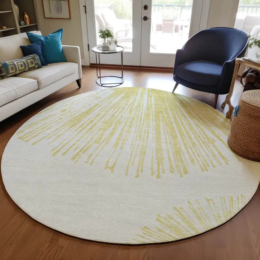 8' Beige And Ivory Round Abstract Washable Indoor Outdoor Area Rug Photo 7