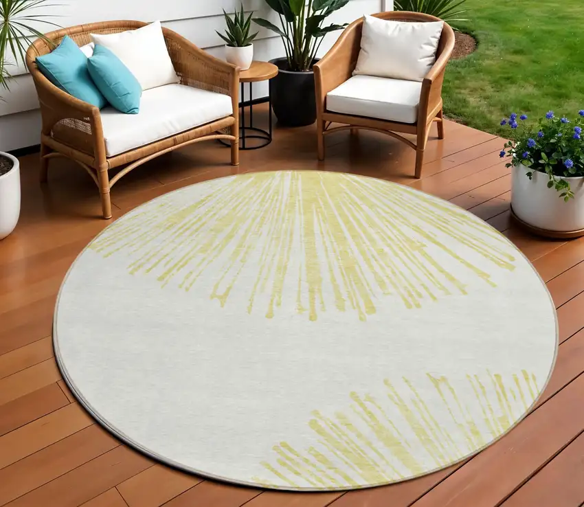 8' Beige And Ivory Round Abstract Washable Indoor Outdoor Area Rug Photo 1