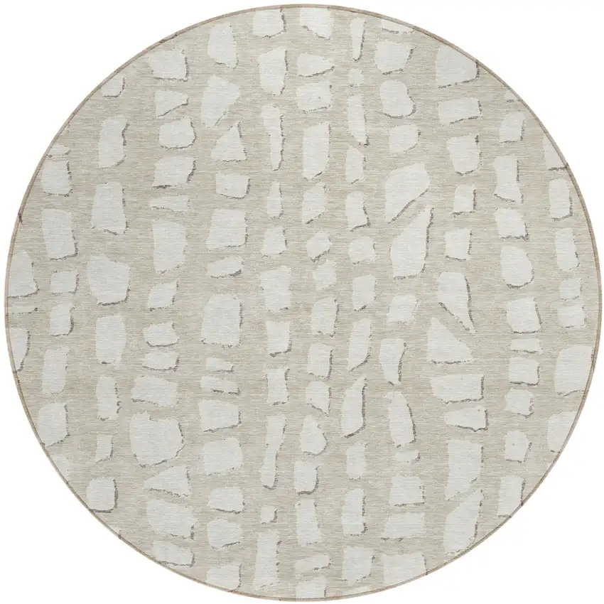 8' Beige And Ivory Round Abstract Washable Indoor Outdoor Area Rug Photo 1