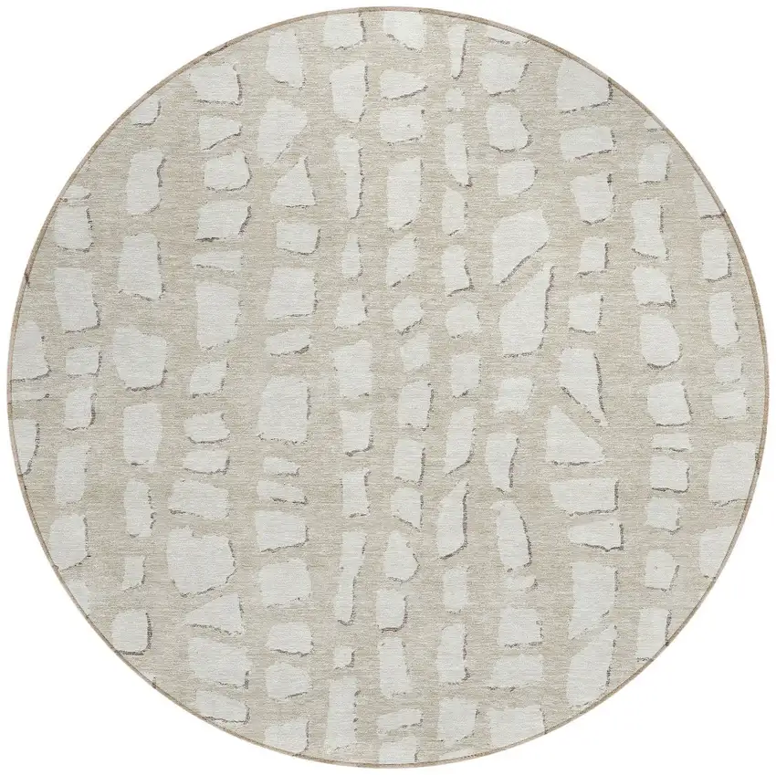 8' Beige And Ivory Round Abstract Washable Indoor Outdoor Area Rug Photo 5