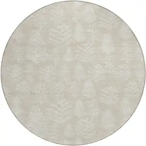Photo of 8' Beige And Ivory Round Botanical Leaves Washable Indoor Outdoor Area Rug