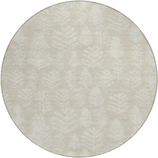 8' Beige And Ivory Round Botanical Leaves Washable Indoor Outdoor Area Rug Photo 1