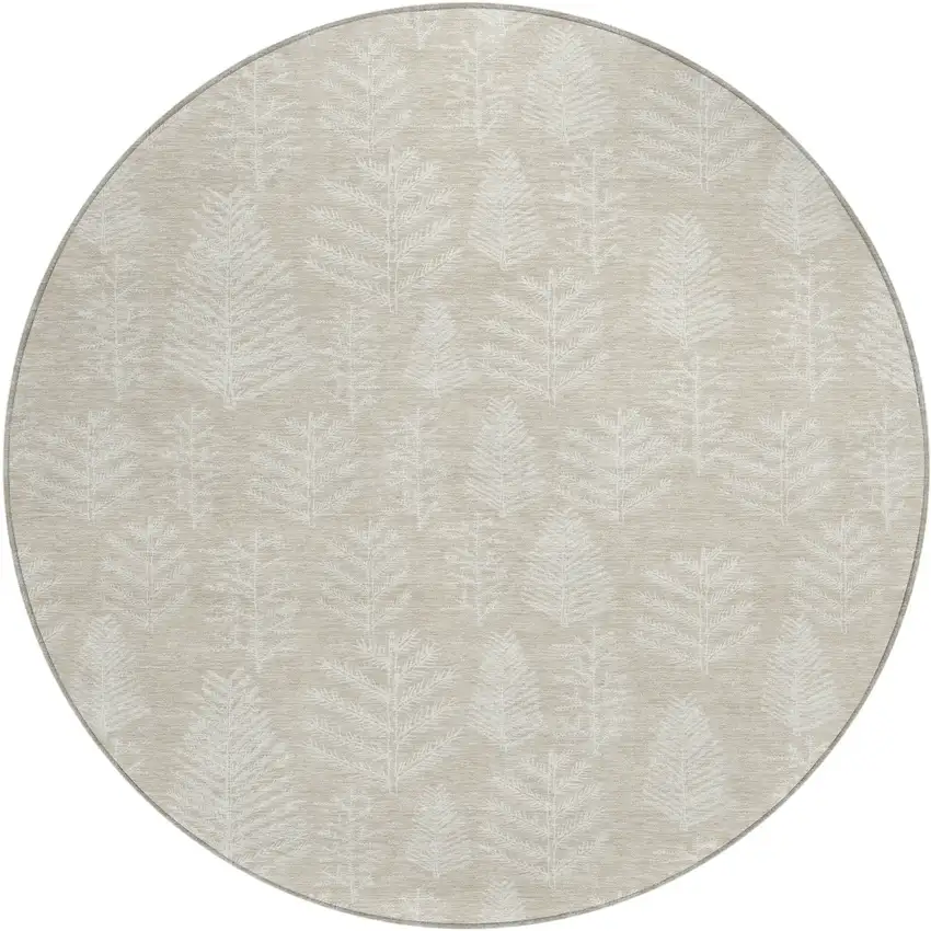 8' Beige And Ivory Round Botanical Leaves Washable Indoor Outdoor Area Rug Photo 1