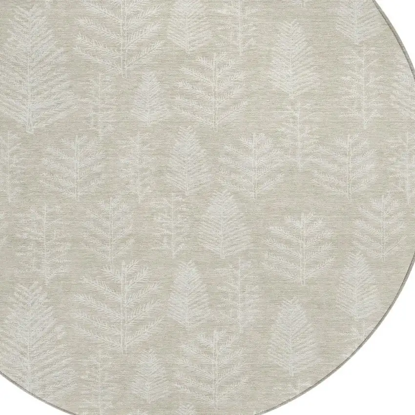 8' Beige And Ivory Round Botanical Leaves Washable Indoor Outdoor Area Rug Photo 4