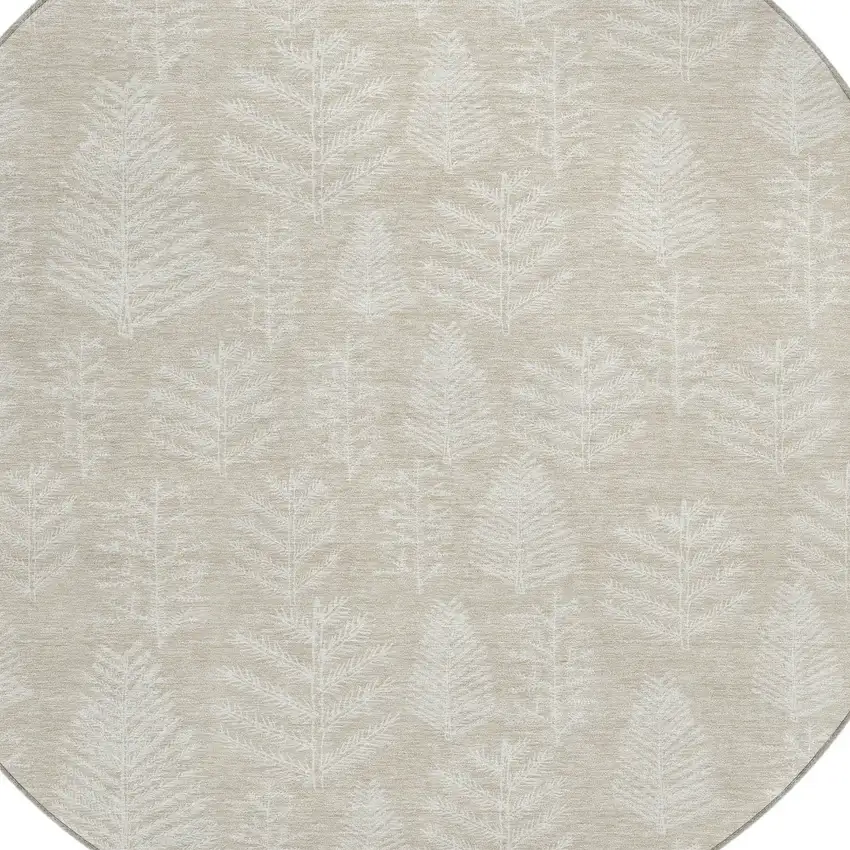 8' Beige And Ivory Round Botanical Leaves Washable Indoor Outdoor Area Rug Photo 8