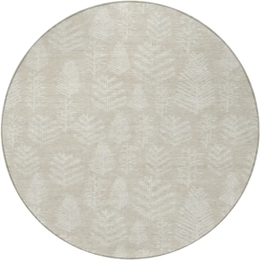 8' Beige And Ivory Round Botanical Leaves Washable Indoor Outdoor Area Rug Photo 3