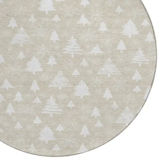 8' Beige And Ivory Round Botanical Leaves Washable Indoor Outdoor Area Rug Photo 9