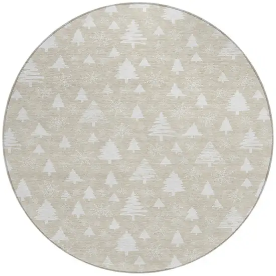 8' Beige And Ivory Round Botanical Leaves Washable Indoor Outdoor Area Rug Photo 3