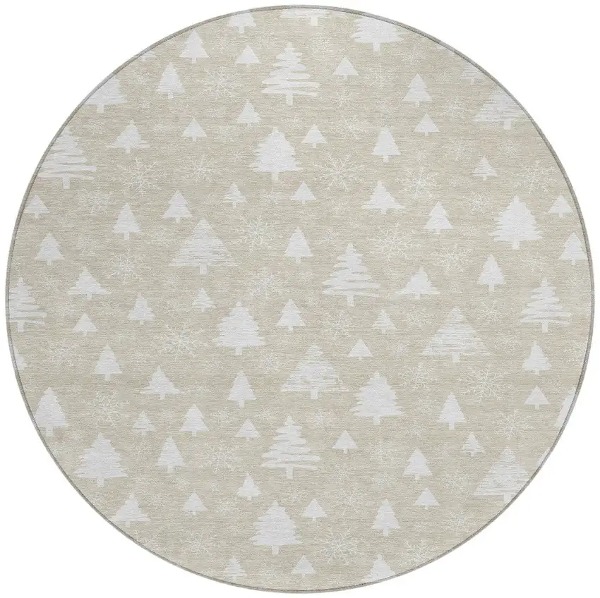 8' Beige And Ivory Round Botanical Leaves Washable Indoor Outdoor Area Rug Photo 3