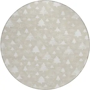 Photo of 8' Beige And Ivory Round Botanical Leaves Washable Indoor Outdoor Area Rug