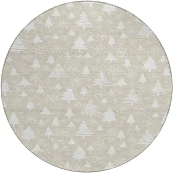 8' Beige And Ivory Round Botanical Leaves Washable Indoor Outdoor Area Rug Photo 1