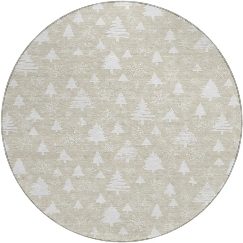 8' Beige And Ivory Round Botanical Leaves Washable Indoor Outdoor Area Rug Photo 1