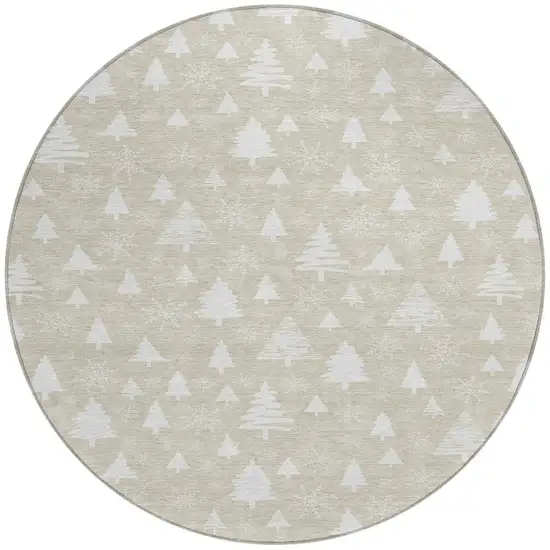 8' Beige And Ivory Round Botanical Leaves Washable Indoor Outdoor Area Rug Photo 4