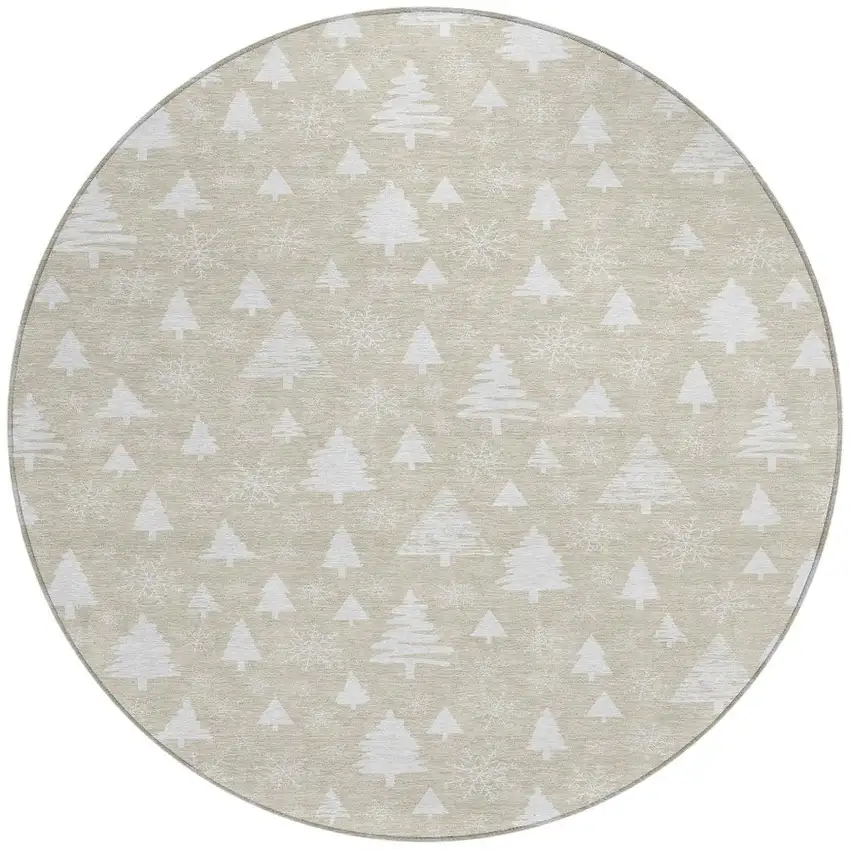 8' Beige And Ivory Round Botanical Leaves Washable Indoor Outdoor Area Rug Photo 4