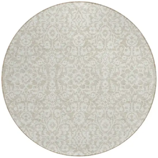8' Beige And Ivory Round Damask Washable Indoor Outdoor Area Rug Photo 5