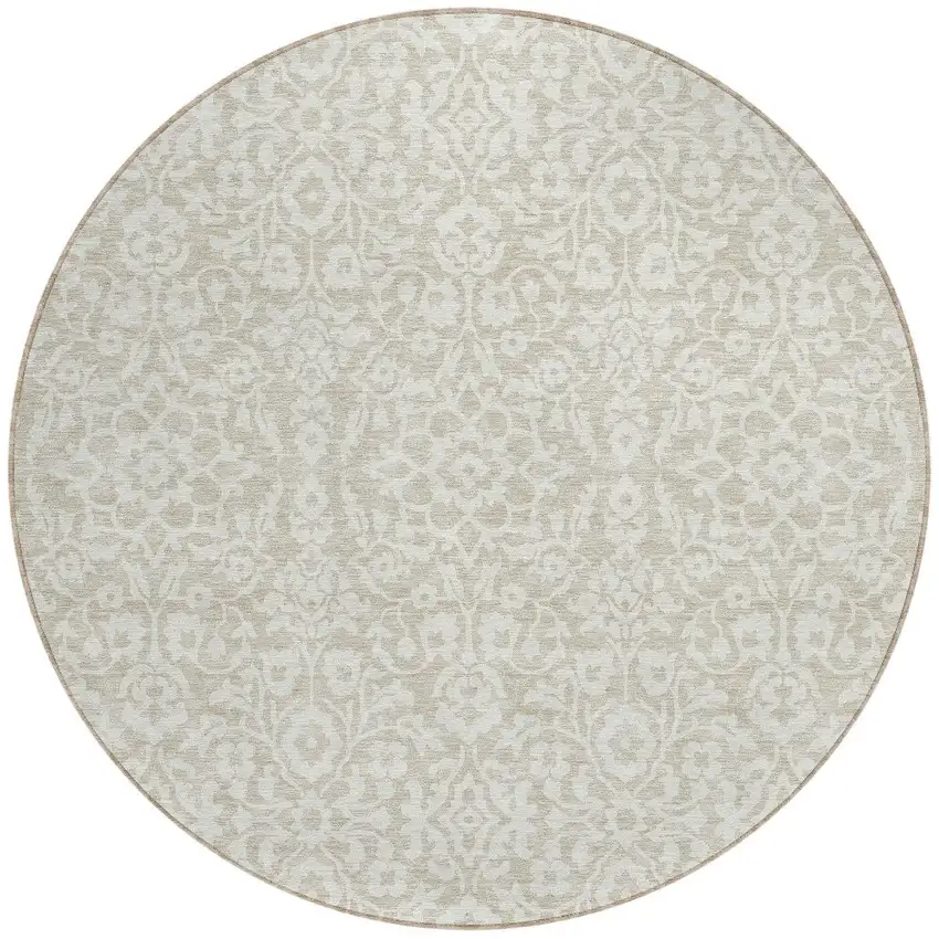 8' Beige And Ivory Round Damask Washable Indoor Outdoor Area Rug Photo 5