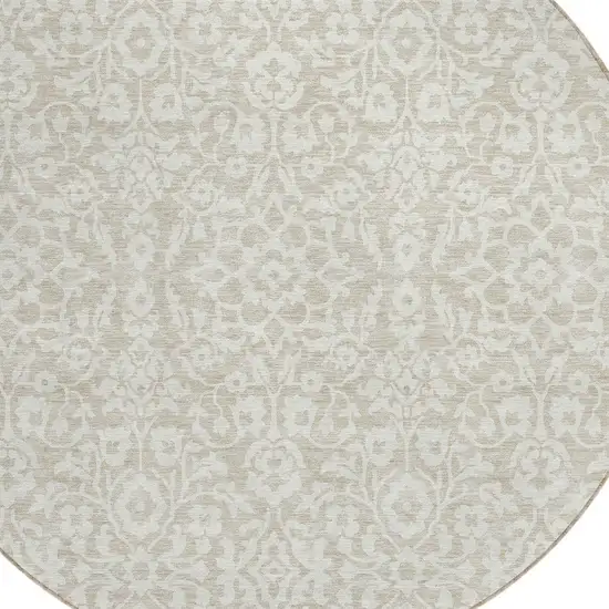 8' Beige And Ivory Round Damask Washable Indoor Outdoor Area Rug Photo 4