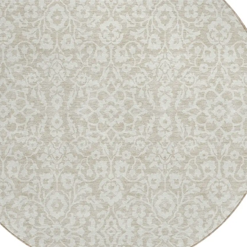 8' Beige And Ivory Round Damask Washable Indoor Outdoor Area Rug Photo 4