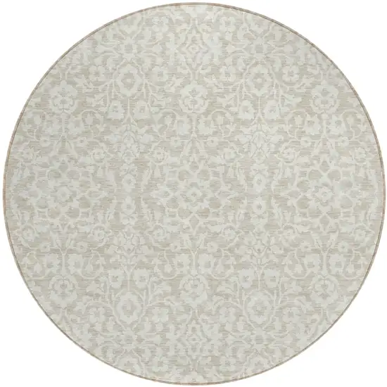8' Beige And Ivory Round Damask Washable Indoor Outdoor Area Rug Photo 2
