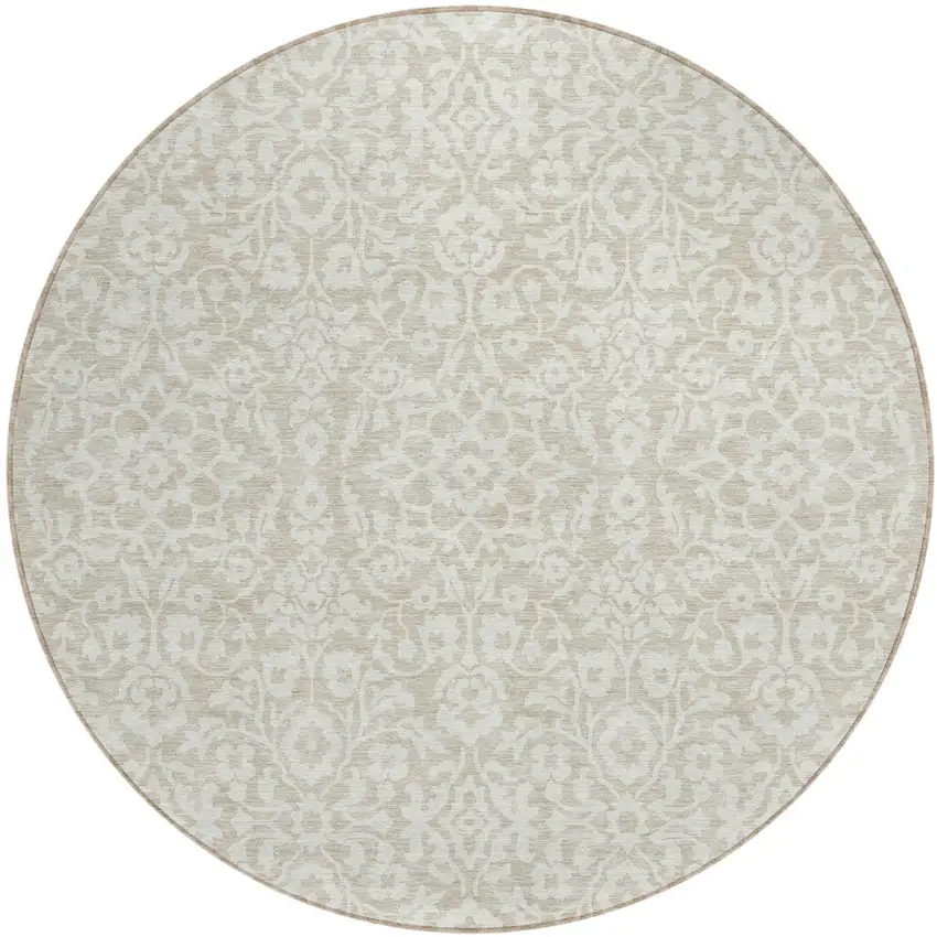 8' Beige And Ivory Round Damask Washable Indoor Outdoor Area Rug Photo 2