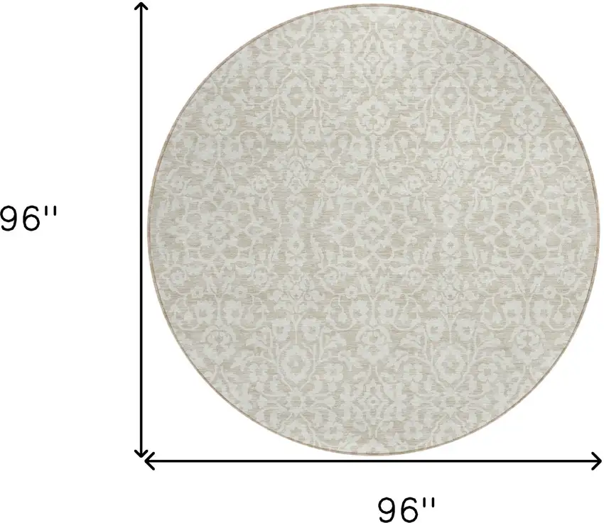 8' Beige And Ivory Round Damask Washable Indoor Outdoor Area Rug Photo 3