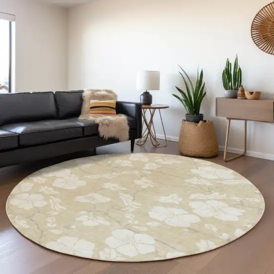 8' Beige And Ivory Round Floral Washable Indoor Outdoor Area Rug Photo 8