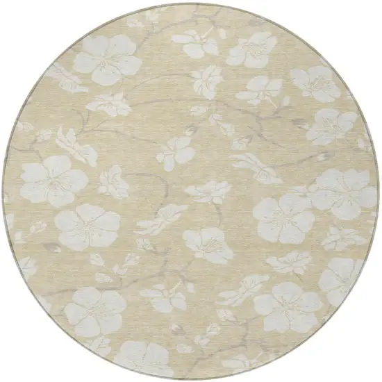 8' Beige And Ivory Round Floral Washable Indoor Outdoor Area Rug Photo 6