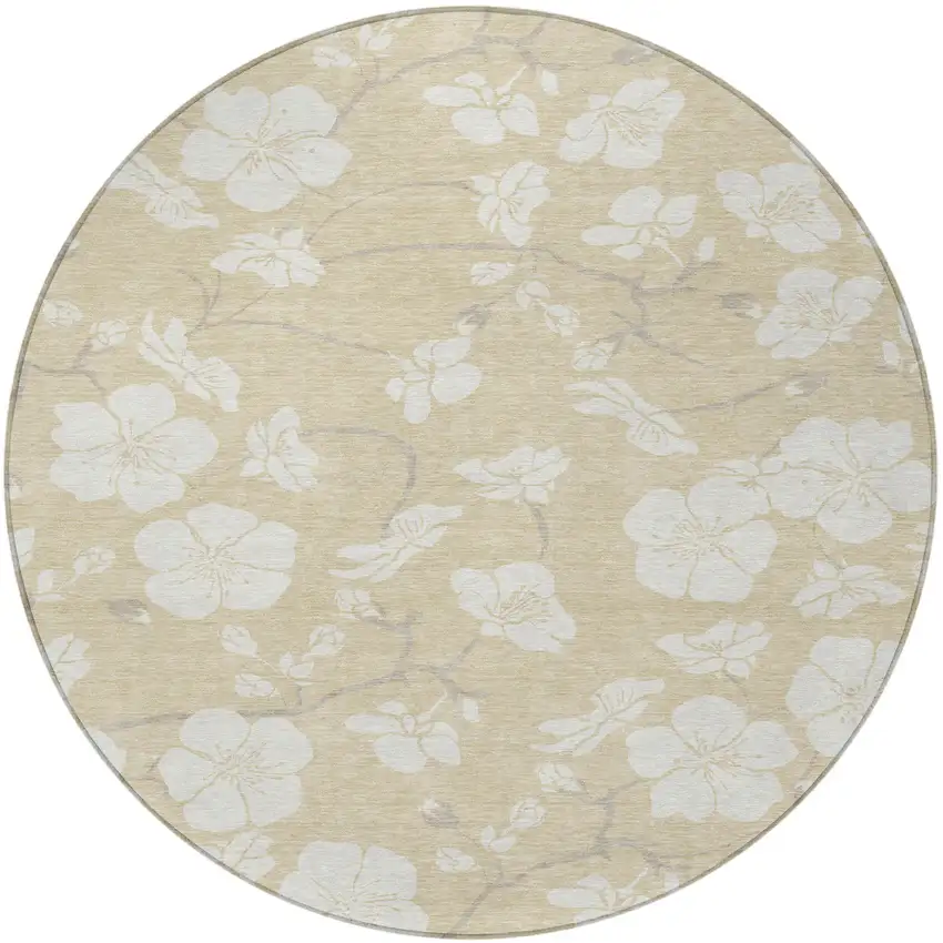 8' Beige And Ivory Round Floral Washable Indoor Outdoor Area Rug Photo 6