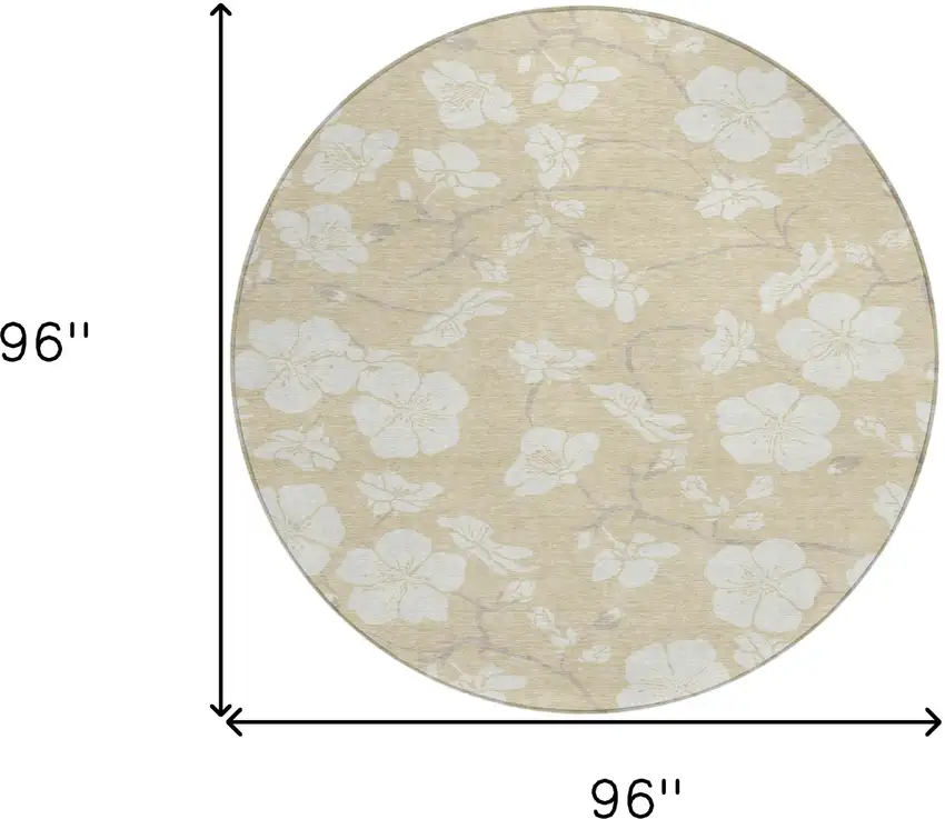8' Beige And Ivory Round Floral Washable Indoor Outdoor Area Rug Photo 3