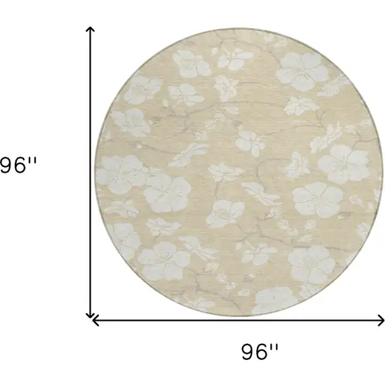 8' Beige And Ivory Round Floral Washable Indoor Outdoor Area Rug Photo 3