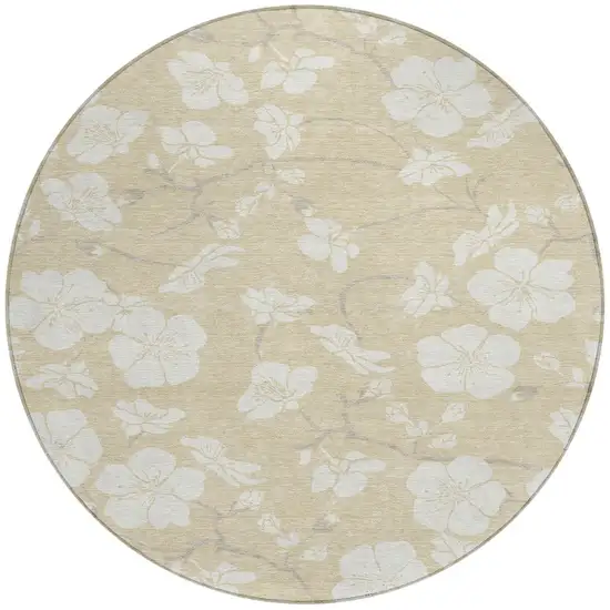8' Beige And Ivory Round Floral Washable Indoor Outdoor Area Rug Photo 5