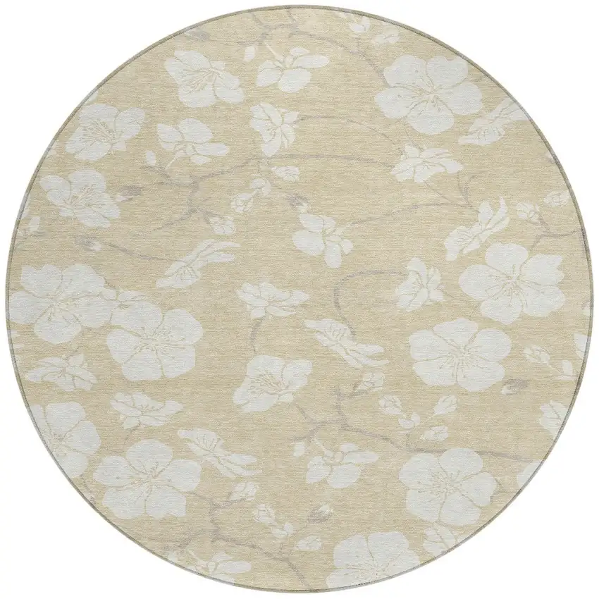 8' Beige And Ivory Round Floral Washable Indoor Outdoor Area Rug Photo 5