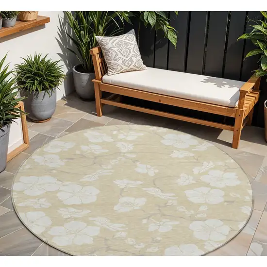 8' Beige And Ivory Round Floral Washable Indoor Outdoor Area Rug Photo 1