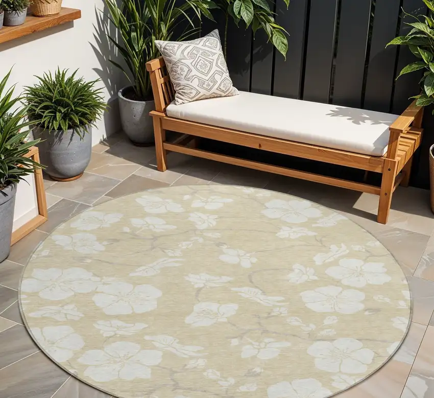 8' Beige And Ivory Round Floral Washable Indoor Outdoor Area Rug Photo 1