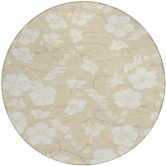 8' Beige And Ivory Round Floral Washable Indoor Outdoor Area Rug Photo 2