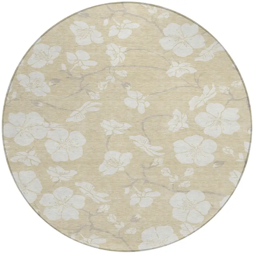 8' Beige And Ivory Round Floral Washable Indoor Outdoor Area Rug Photo 2