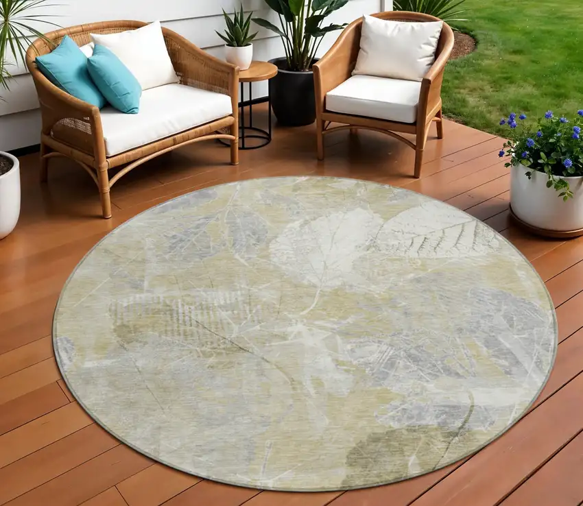 8' Beige And Ivory Round Floral Washable Indoor Outdoor Area Rug Photo 2