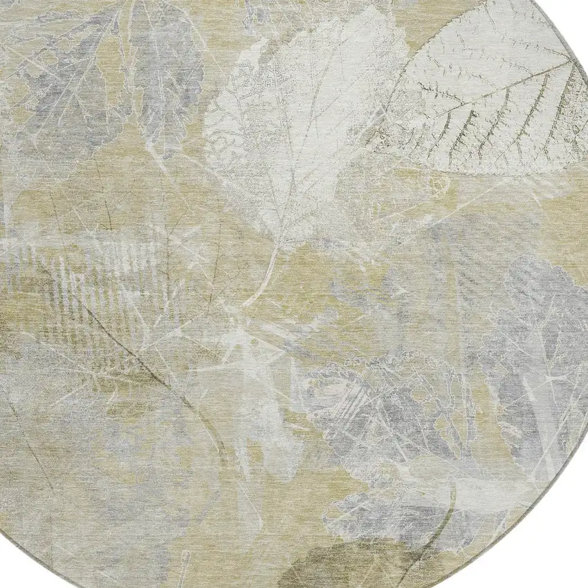 8' Beige And Ivory Round Floral Washable Indoor Outdoor Area Rug Photo 9