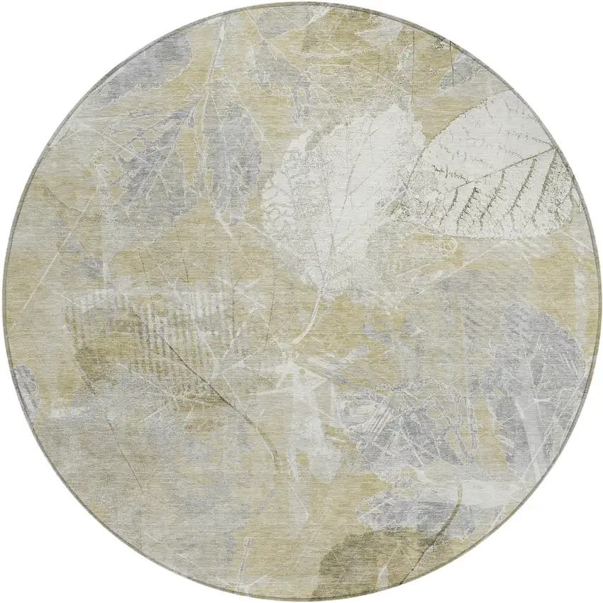 8' Beige And Ivory Round Floral Washable Indoor Outdoor Area Rug Photo 1