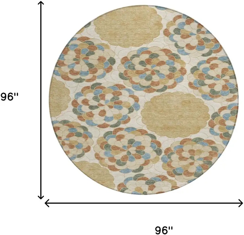 8' Beige And Ivory Round Floral Washable Indoor Outdoor Area Rug Photo 8