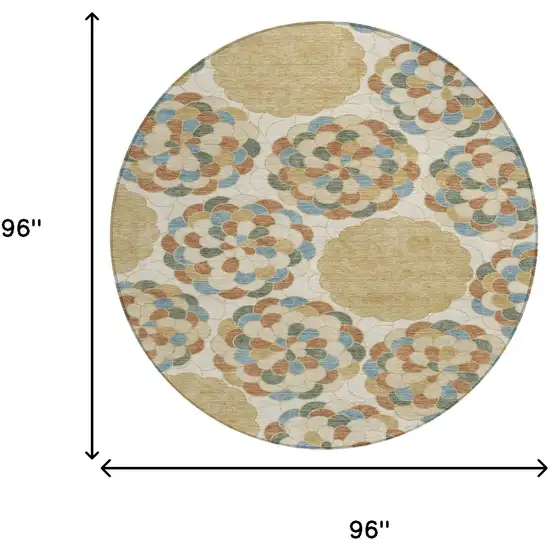 8' Beige And Ivory Round Floral Washable Indoor Outdoor Area Rug Photo 8