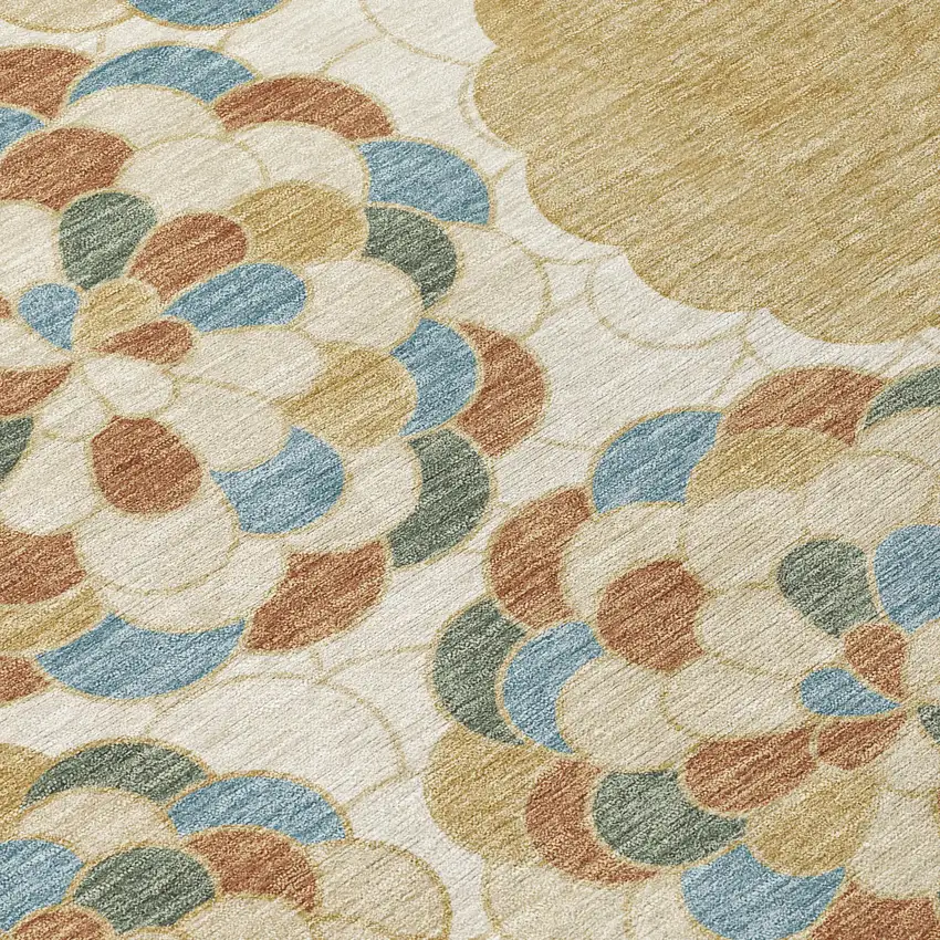 8' Beige And Ivory Round Floral Washable Indoor Outdoor Area Rug Photo 7