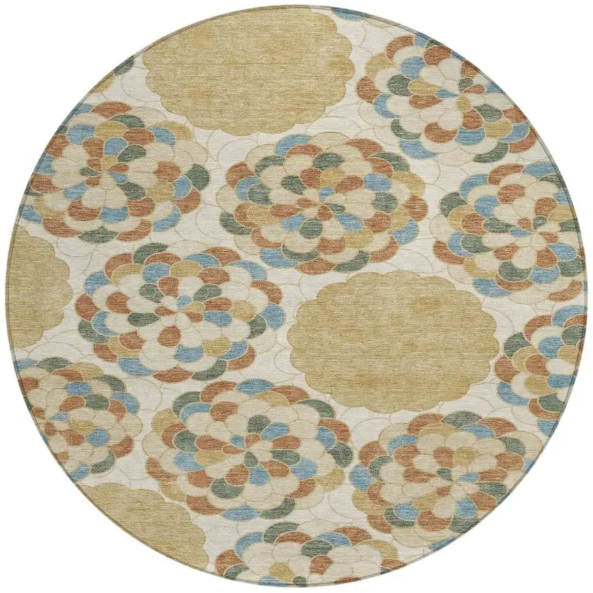 8' Beige And Ivory Round Floral Washable Indoor Outdoor Area Rug Photo 2