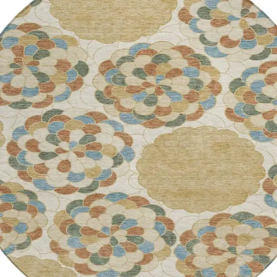 8' Beige And Ivory Round Floral Washable Indoor Outdoor Area Rug Photo 3